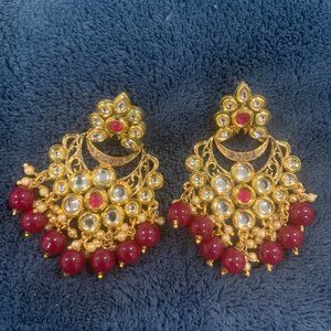 Kundan & Pearl Chandbali Earrings Dark red
